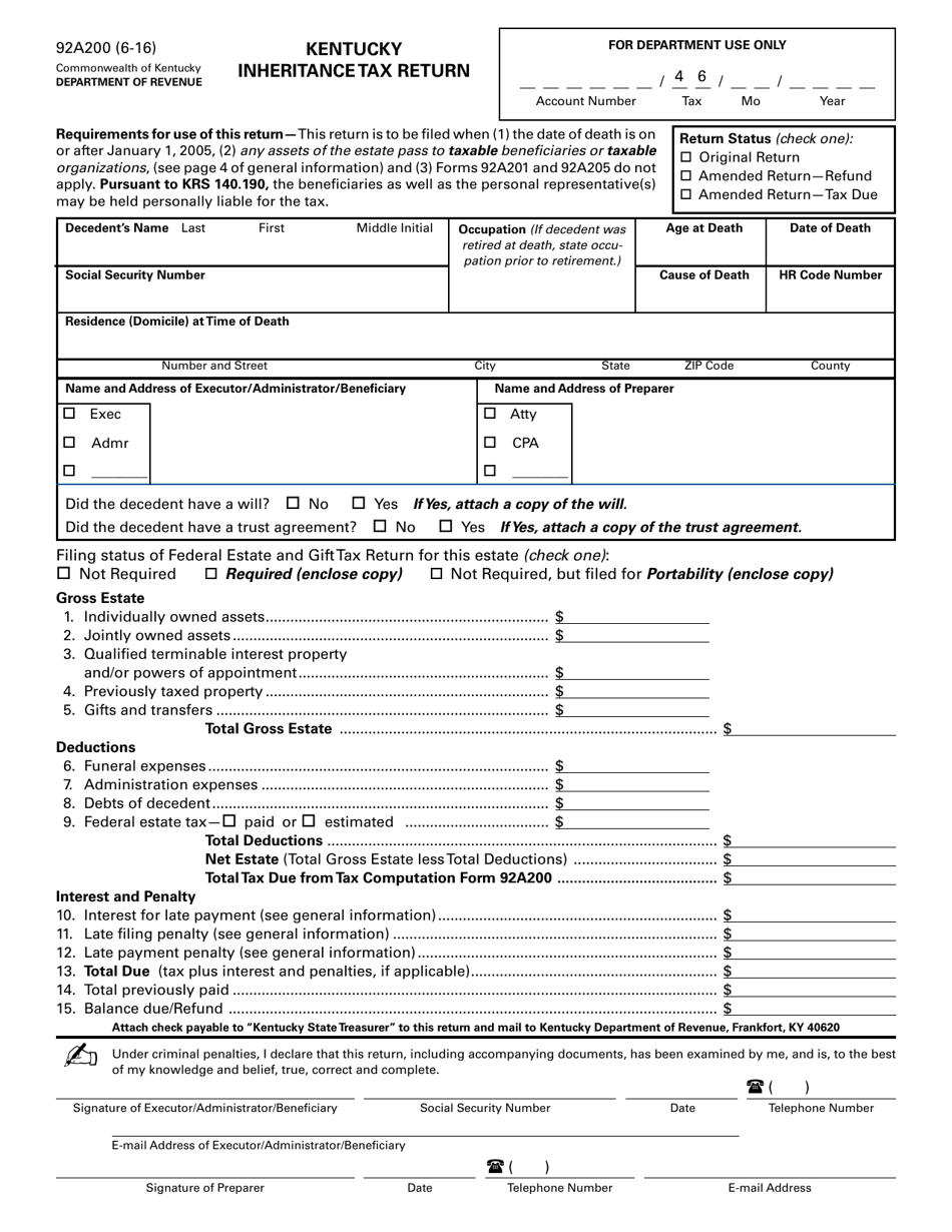 Form 92A200 Download Printable PDF Or Fill Online Kentucky Inheritance 