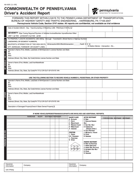 Form Aa 600 Driver S Accident Report Printable Pdf Download