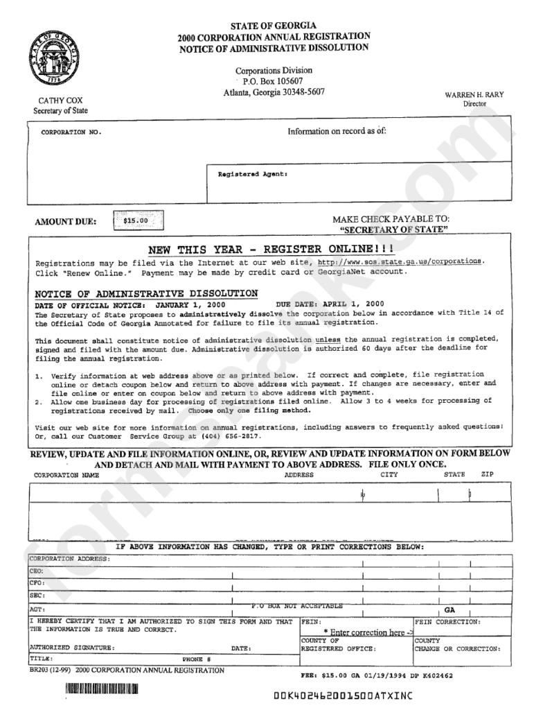 Form Br203 Corporation Annual Registration 2000 Printable Pdf Download