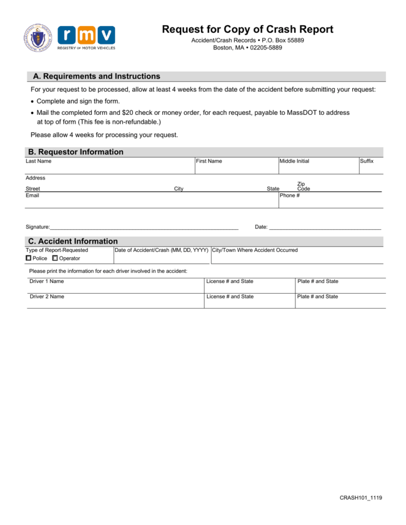Form CRASH101 Download Fillable PDF Or Fill Online Request For Copy Of 