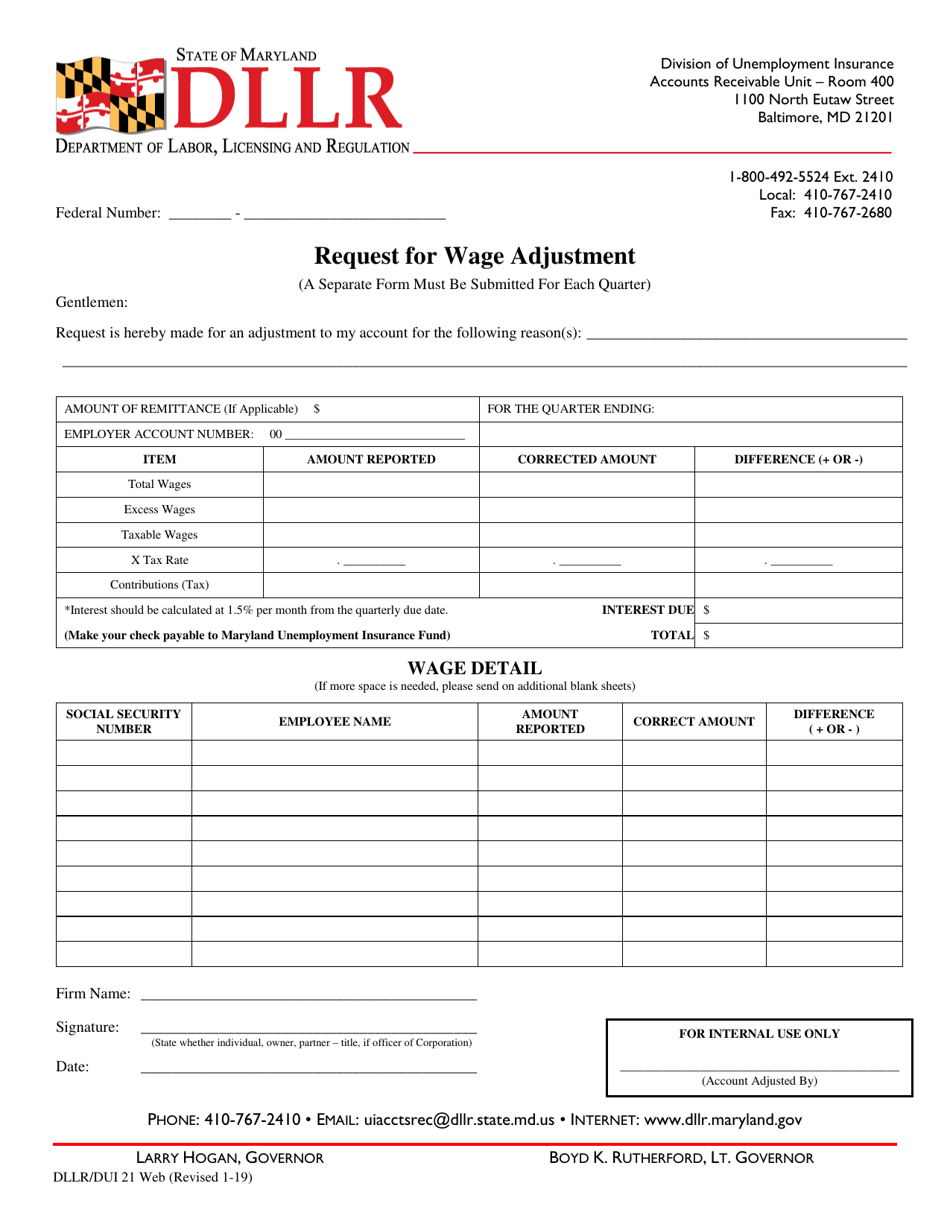 Form DLLR DUI21 Download Printable PDF Or Fill Online Request For Wage 