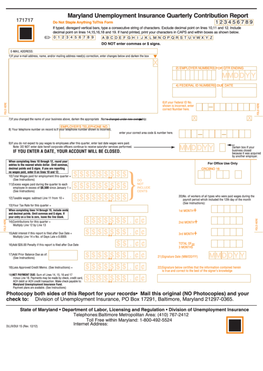 Form Dllr oui 15 Maryland Unemployment Insurance Quarterly