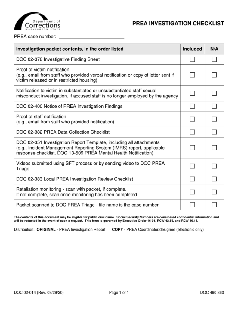 Form DOC02 014 Download Printable PDF Or Fill Online Prea Investigation 