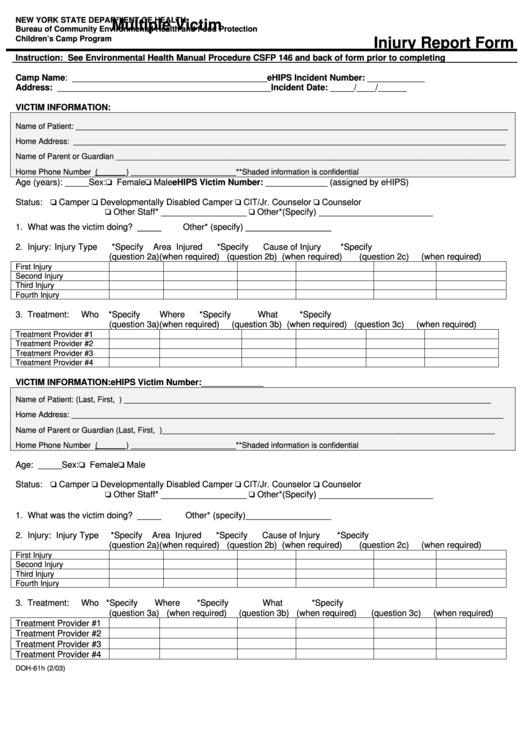 Form Doh 61h Multiple Victim Injury Report Form New York State 
