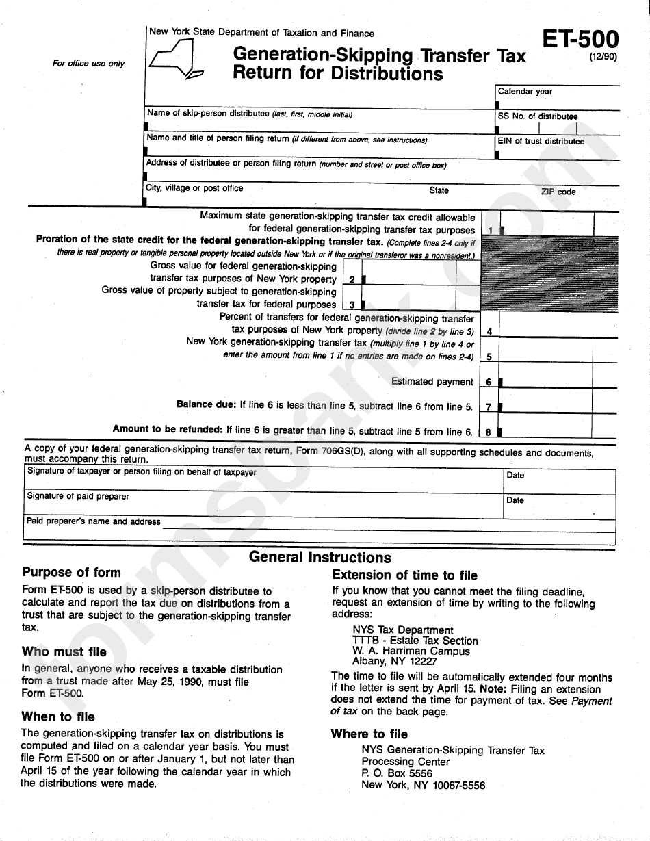 Form Et 500 Generation Slipping Transfer Tax Return For 