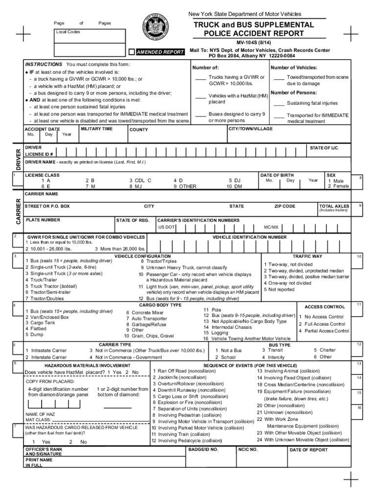 Form MV 104S Truck And Bus Supplemental Police Accident Report New 