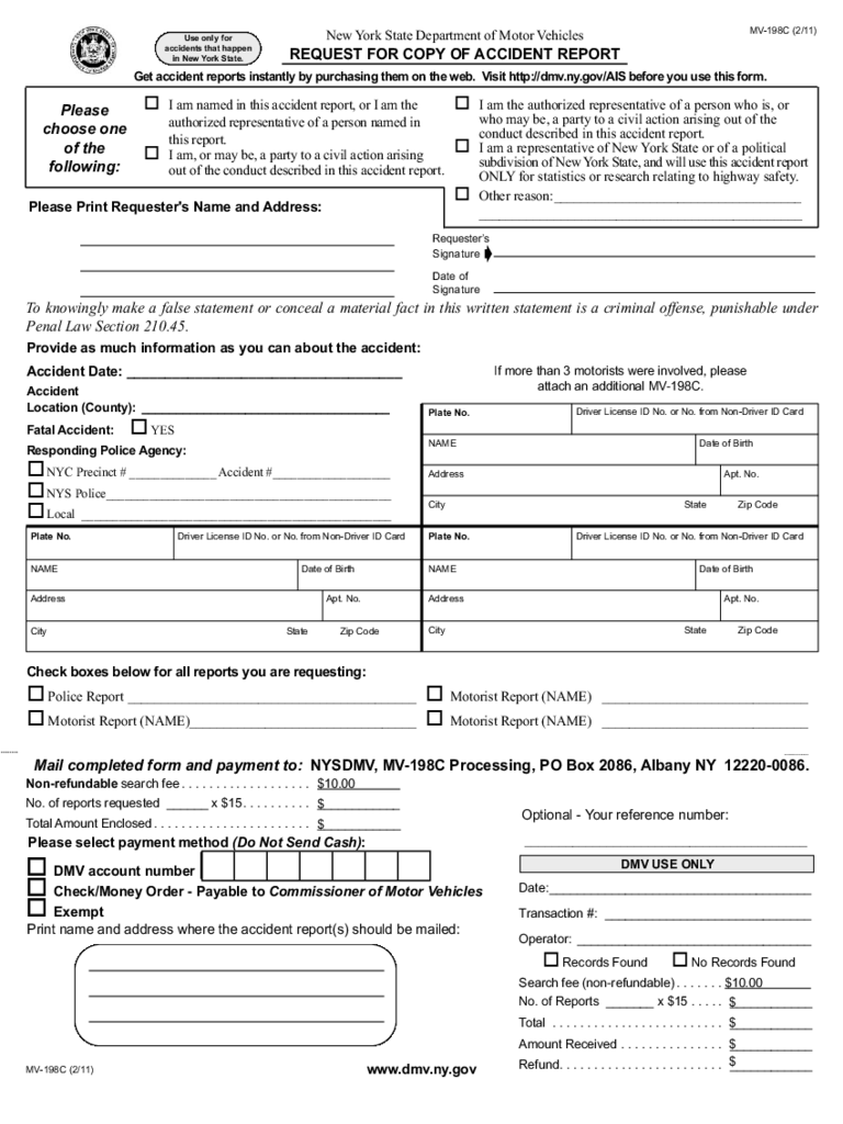 Form MV 198C Request For Copy Of Accident Report New York Edit