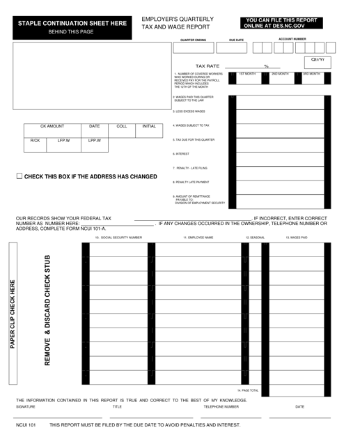 Form NCUI101 Download Fillable PDF Or Fill Online Employer s Quarterly 