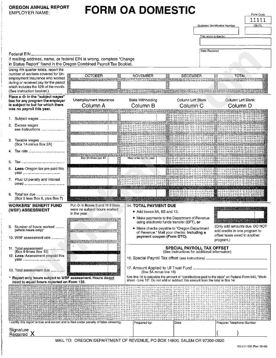 Form Oa Domestic Oregon Annual Report Printable Pdf Download