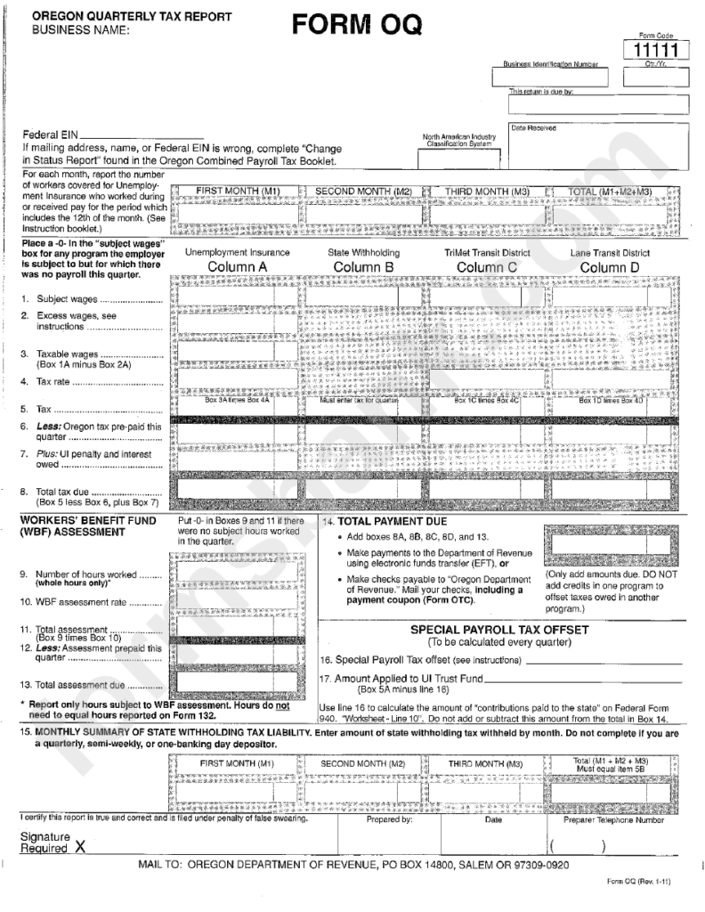 Form Oq Oregon Quarterly Tax Report Printable Pdf Download