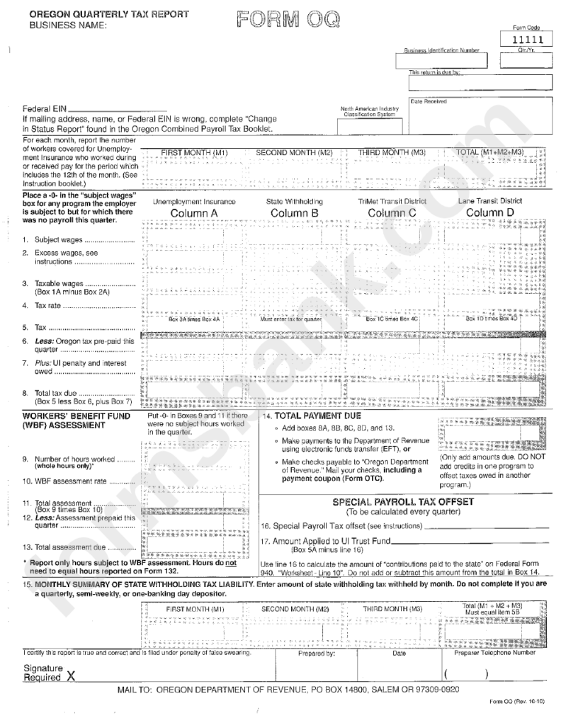 Form Oq Oregon Quarterly Tax Report Printable Pdf Download