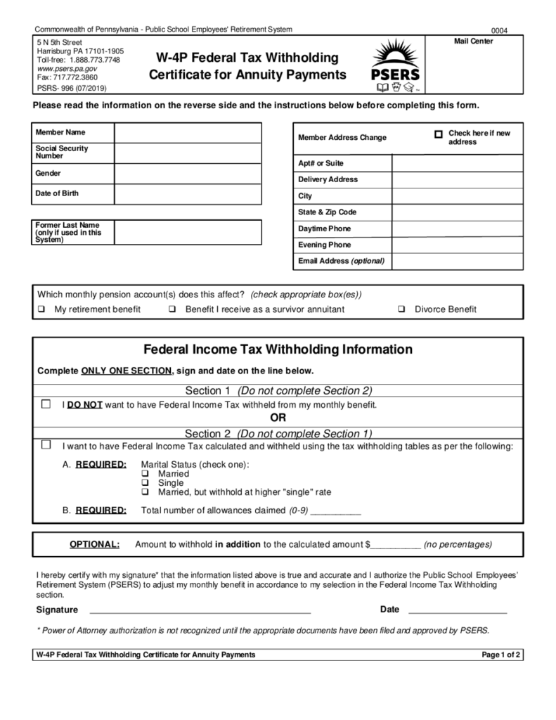 Form PSRS 996 Download Printable PDF Or Fill Online W 4p Federal Tax 