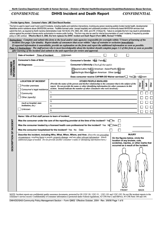 Form Qm02 Dhhs Incident And Death Report North Carolina Department 