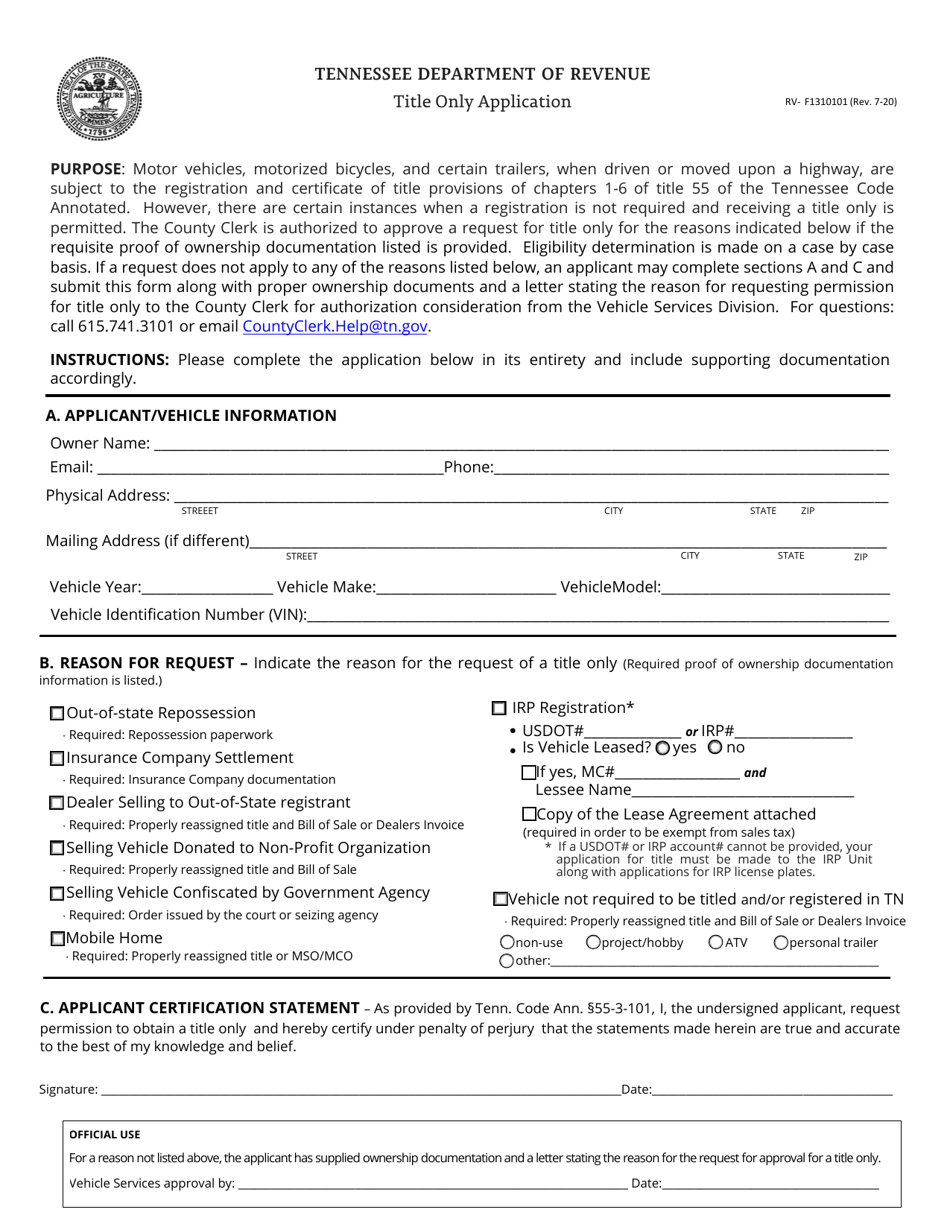 Form RV F1310101 Download Fillable PDF Or Fill Online Title Only 