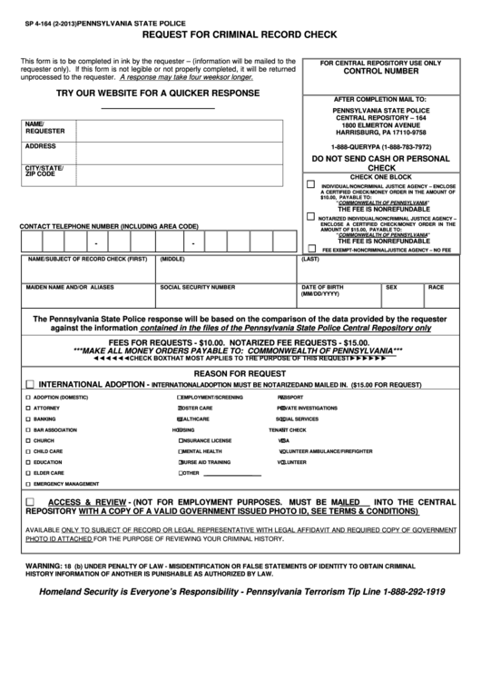 Form Sp 4 164 Pennsylvania State Police Request For Criminal Record 