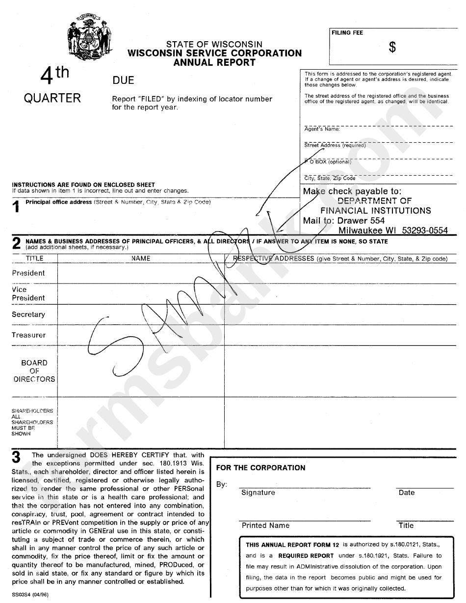 Form Ss03 S4 Wisconsin Service Corporation Annual Report Printable 