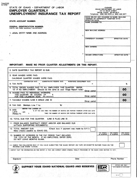 Form Tax020 Employer Quarterly Unemployment Insurance Tax Report 