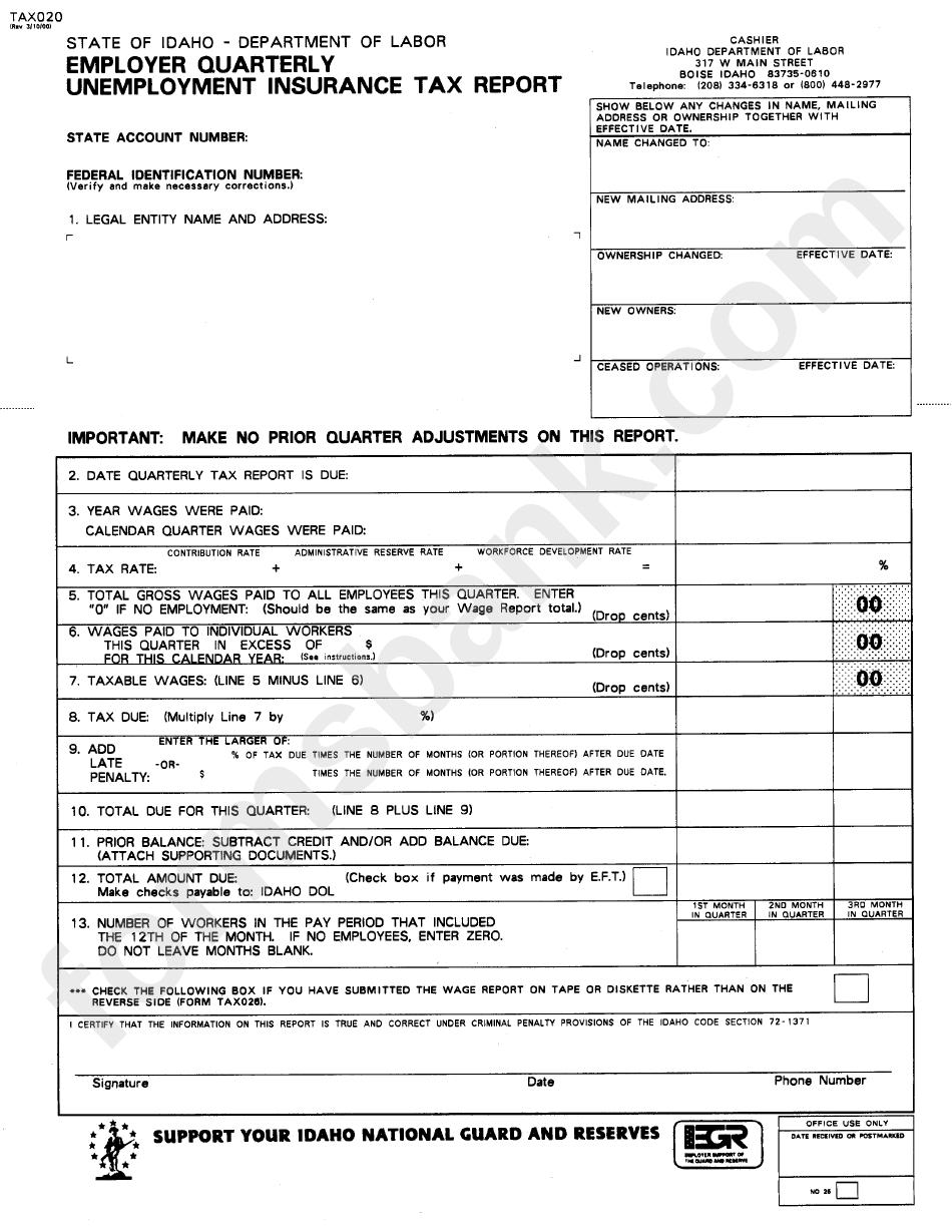 Form Tax020 Employer Quarterly Unemployment Insurance Tax Report