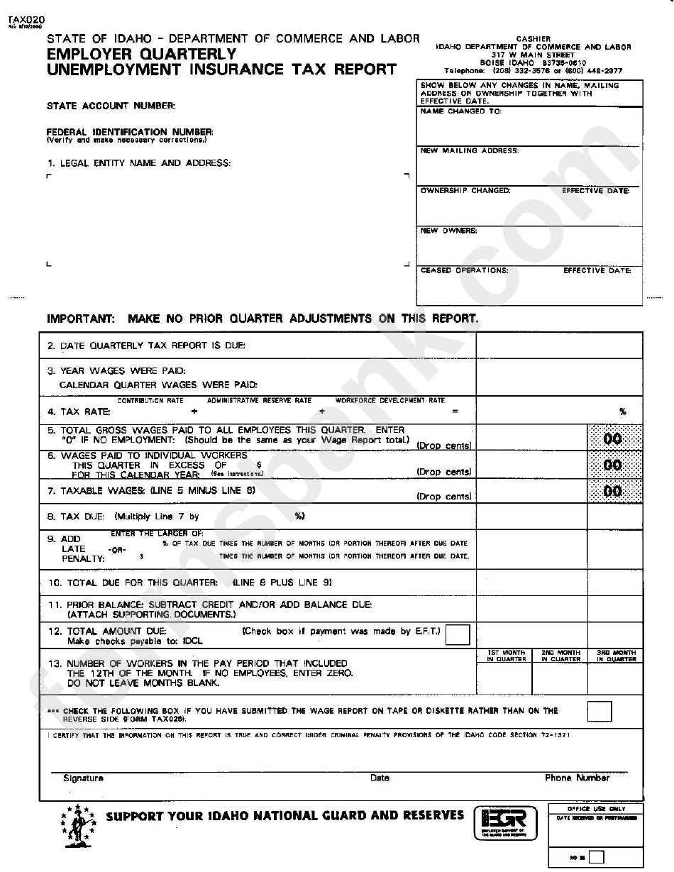 Form Tax020 Employer Quarterly Unemployment Insurance Tax Report 