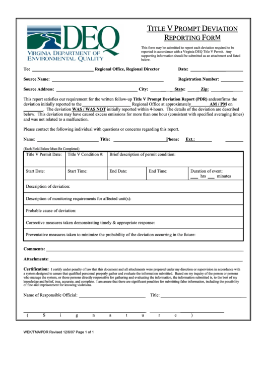 Form Wek tma pdr Title V Prompt Deviation Reporting Virginia 