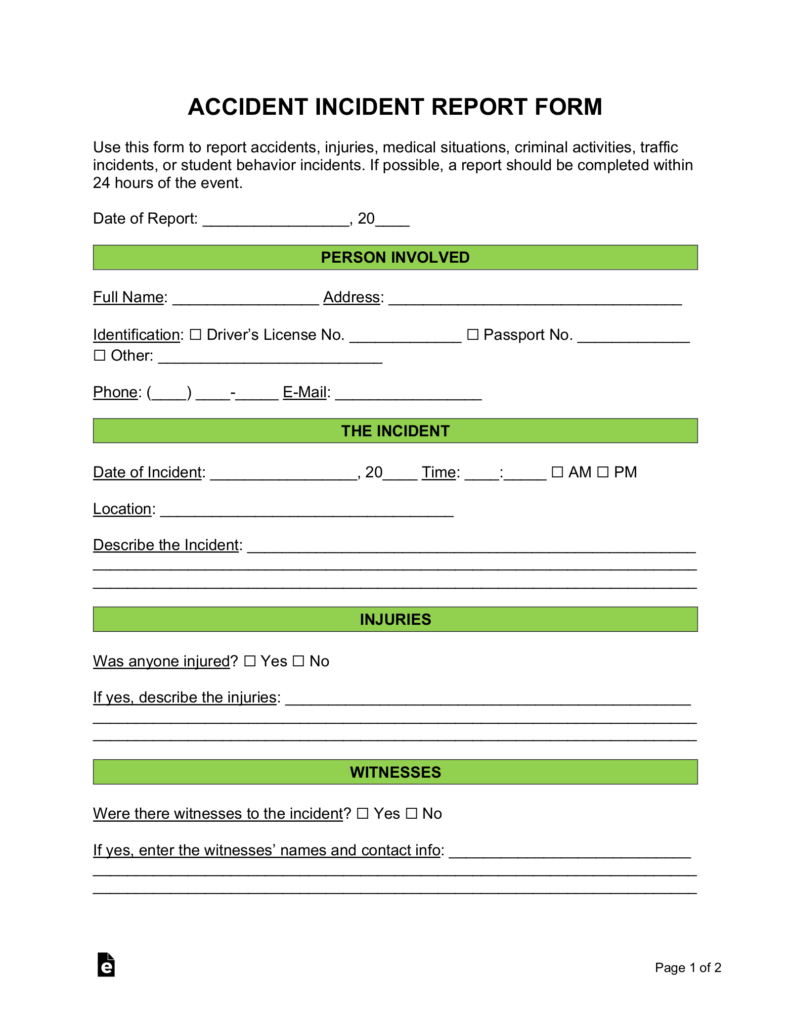 Free Accident Incident Report Form PDF Word EForms