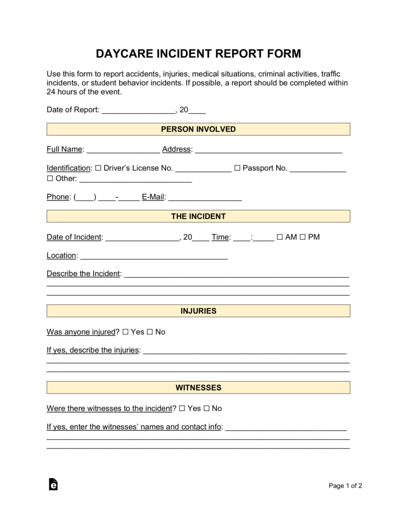 Free Daycare Incident Report Form PDF Word EForms