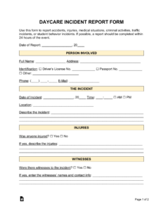 Free Daycare Incident Report Form PDF Word EForms