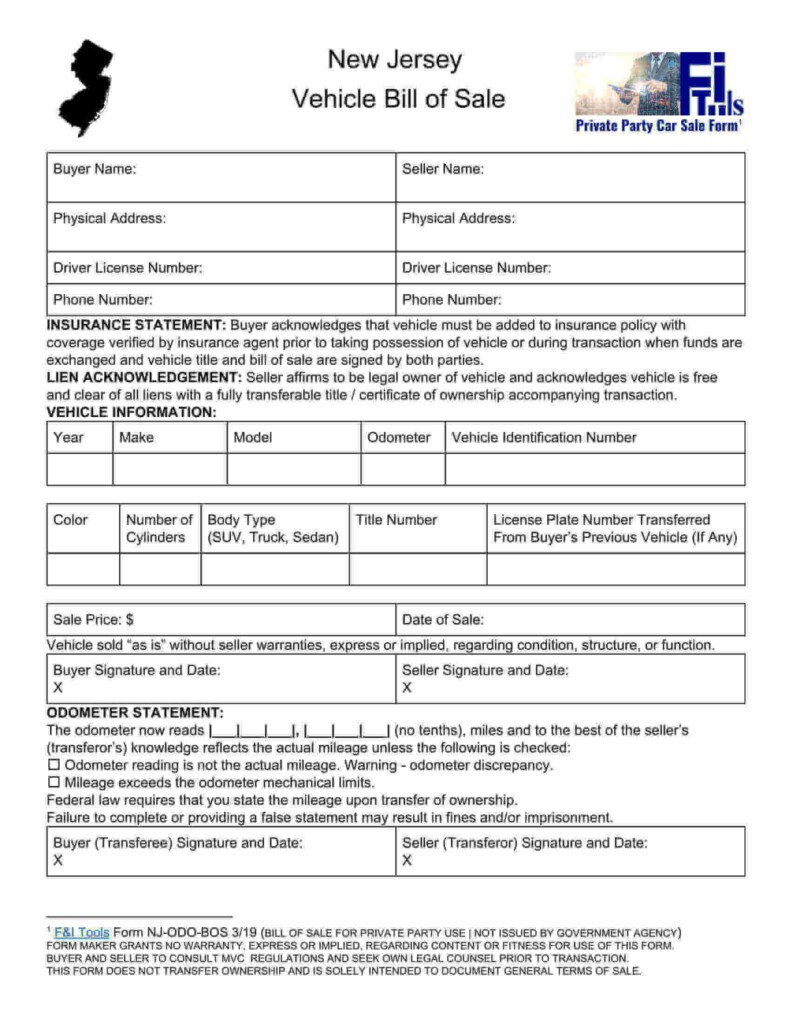 Free Fillable New Jersey Vehicle Bill Of Sale Form PDF Templates