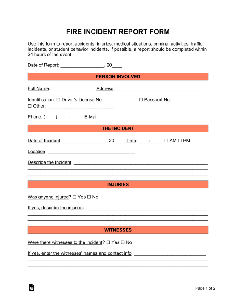 Free Fire Incident Report Form PDF Word EForms
