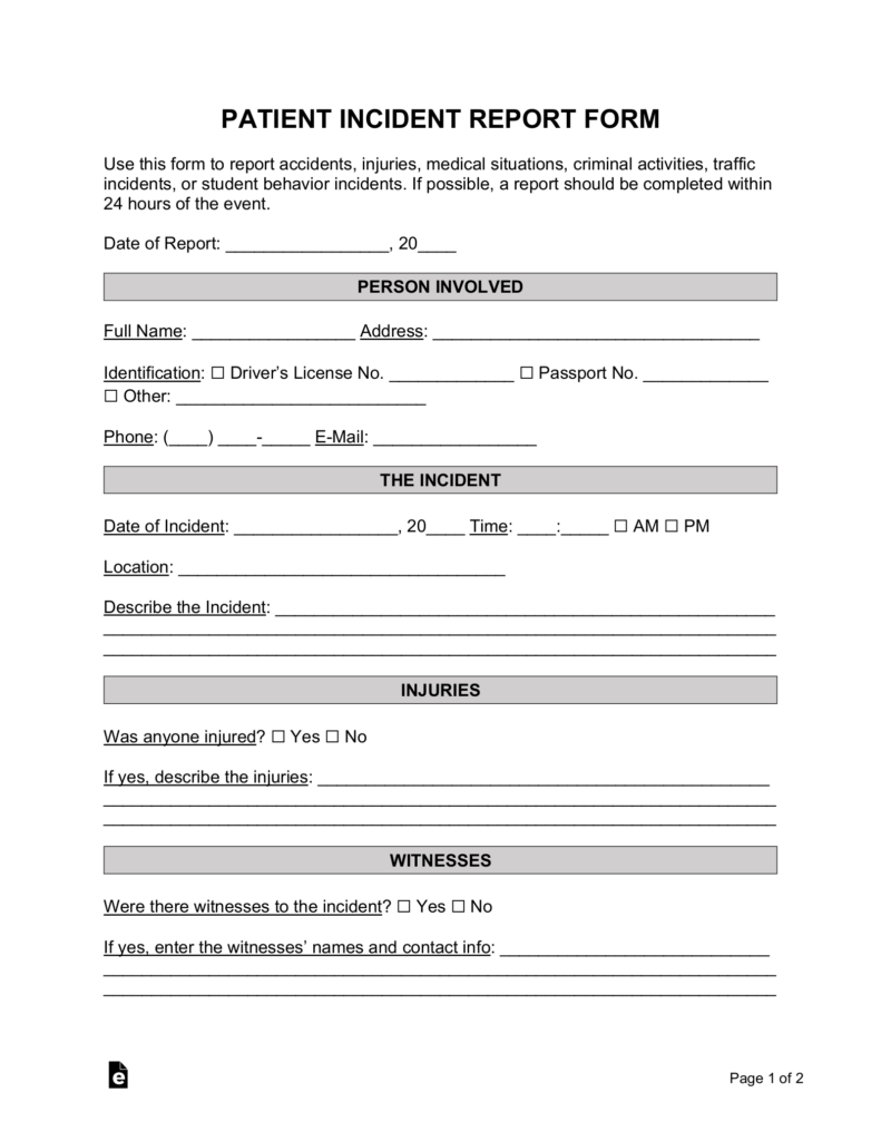 Free Patient Medical Incident Report Form PDF Word EForms