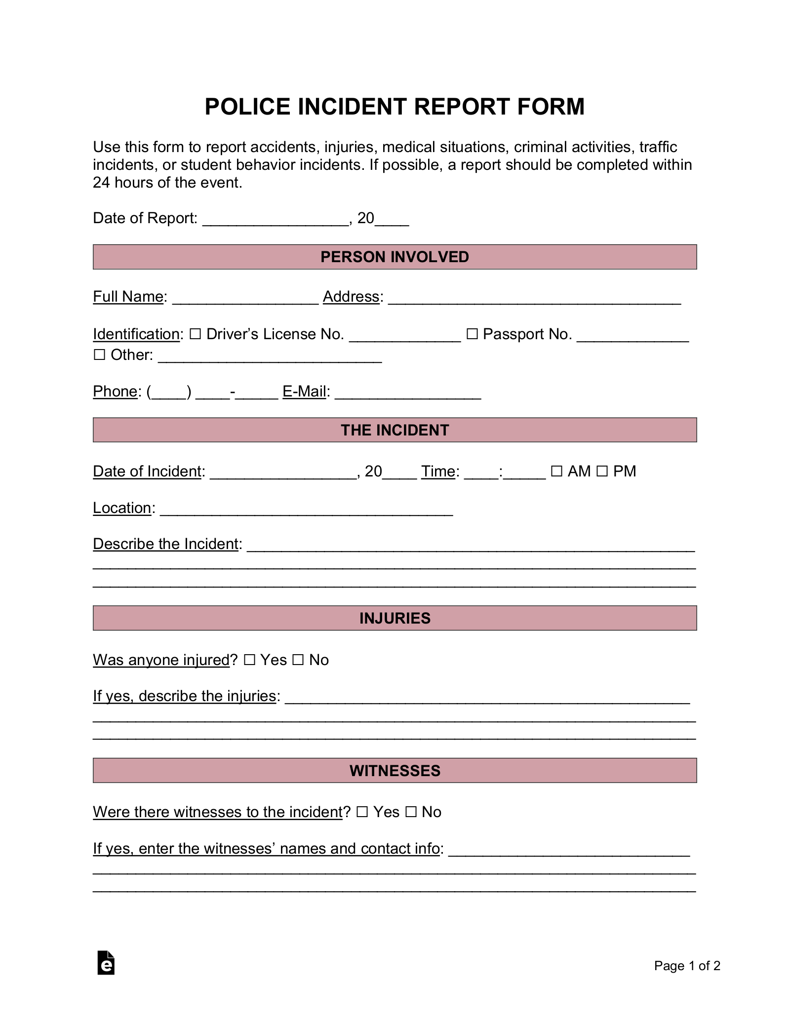 Free Police Incident Report Form PDF Word EForms