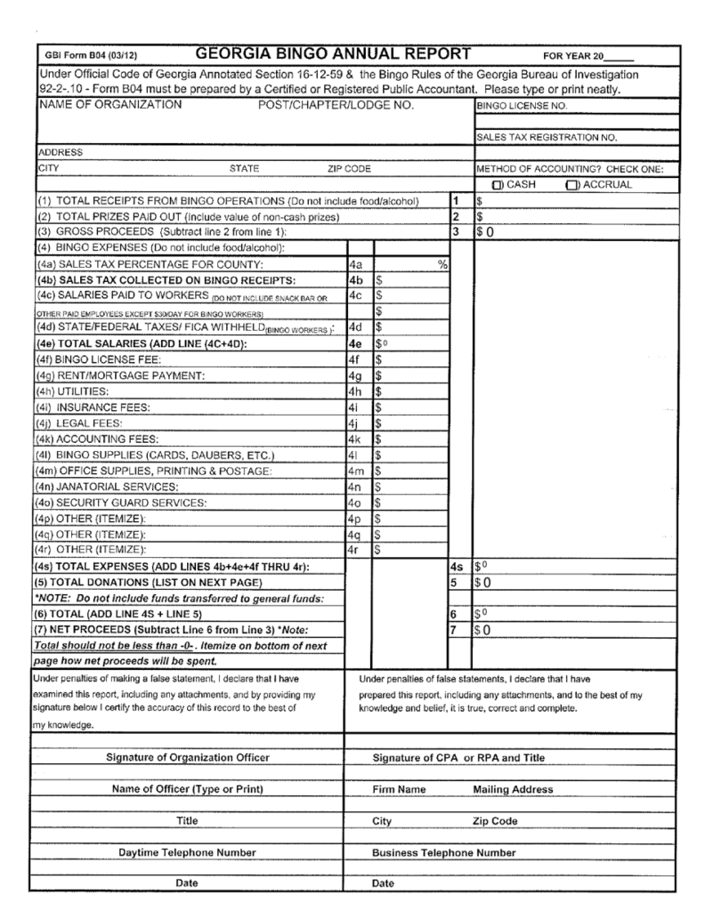 GBI Form B04 Download Fillable PDF Or Fill Online Georgia Bingo Annual 