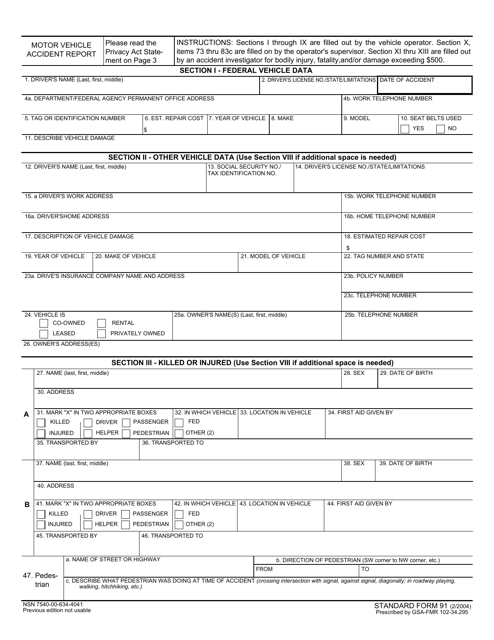 GSA Form SF 91 Download Fillable PDF Motor Vehicle Accident Report 