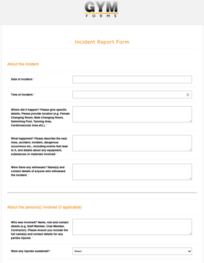 Gym Incident Report Form Online Gym Forms PDFs