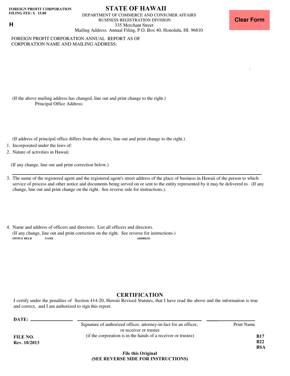 Hawaii Foreign Profit Corporation Annual Report Form Download Fillable 