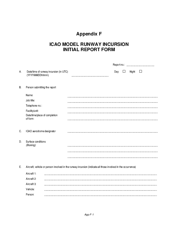 ICAO Doc 9870 App F Model Runway Incursion Initial Report Form 