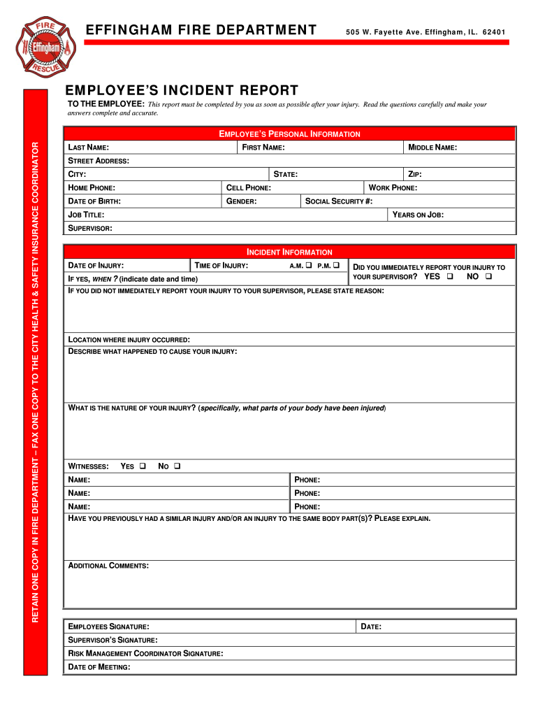 IL Employee s Incident Report Effingham City Fill And Sign 