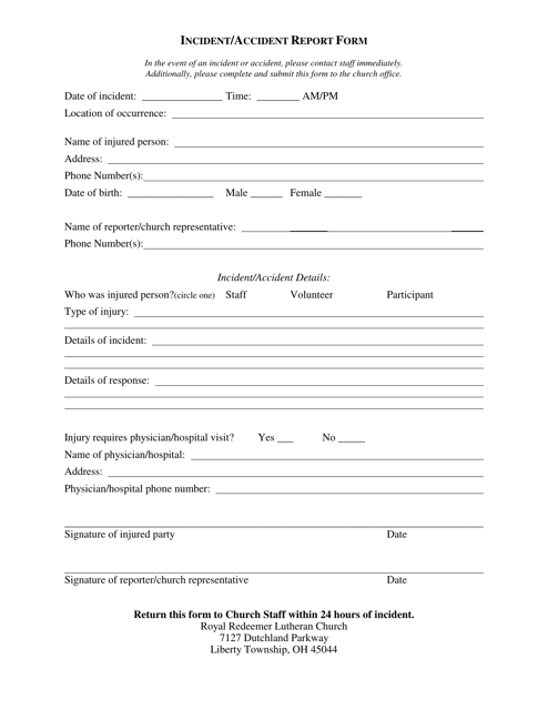 Incident Accident Report Form Royal Redeemer Lutheran Church Download 