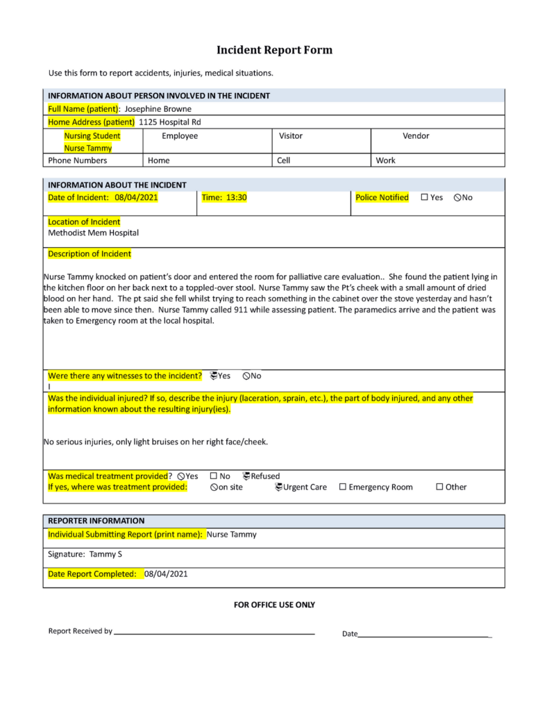 Incident Report Form A Complete Description Of An Incident In The 