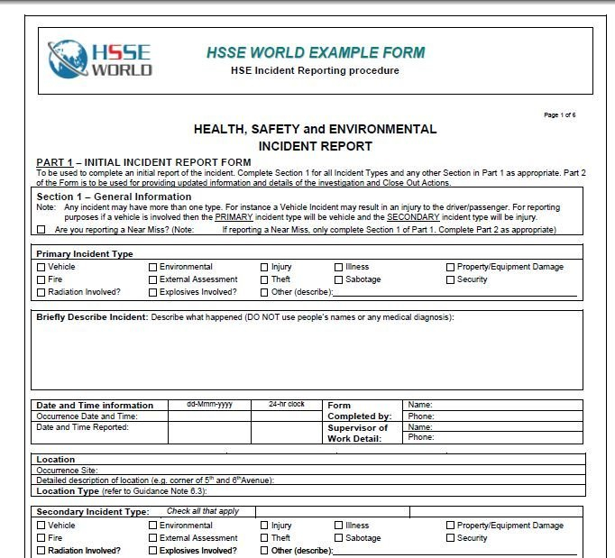 Incident Report Form HSSE WORLD