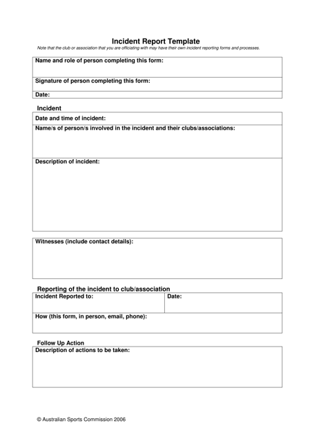 Incident Report Template Australian Sports Commission Download 