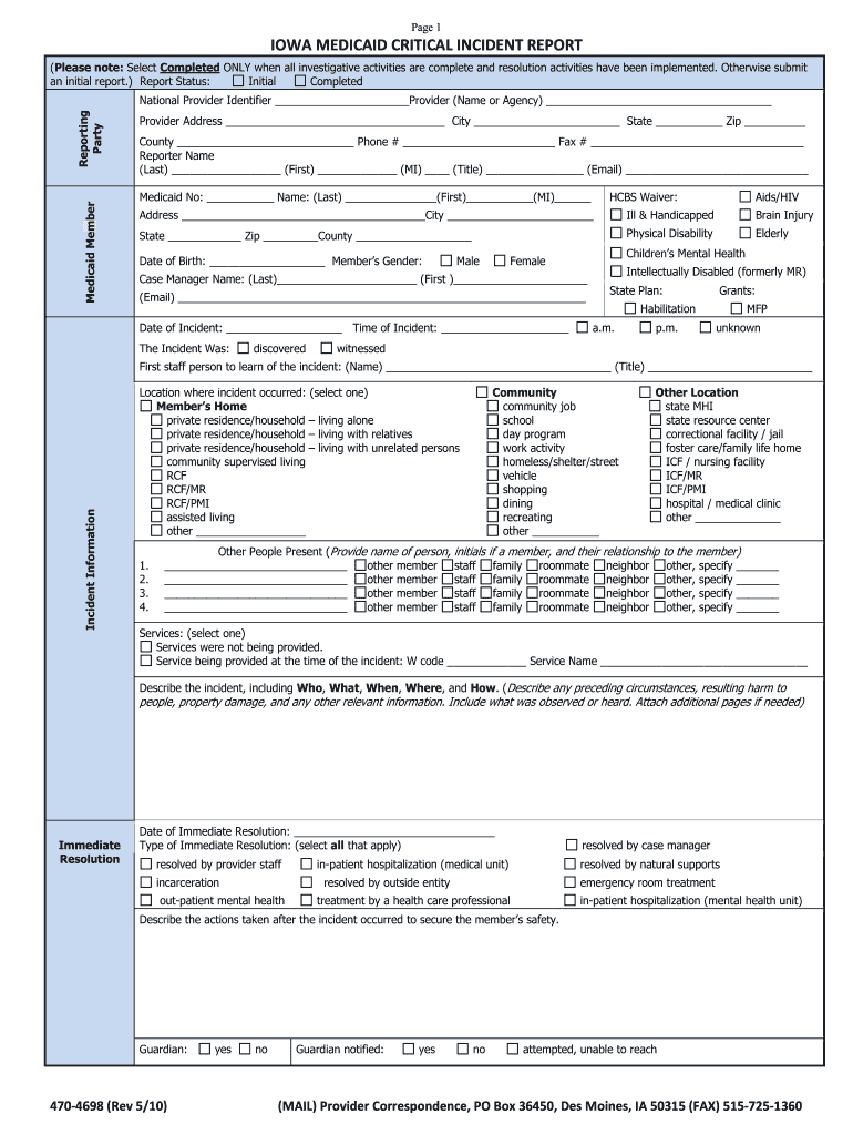 Iowa Medicaid Critical Incident Report Form 470 4698 Dhs State Ia 