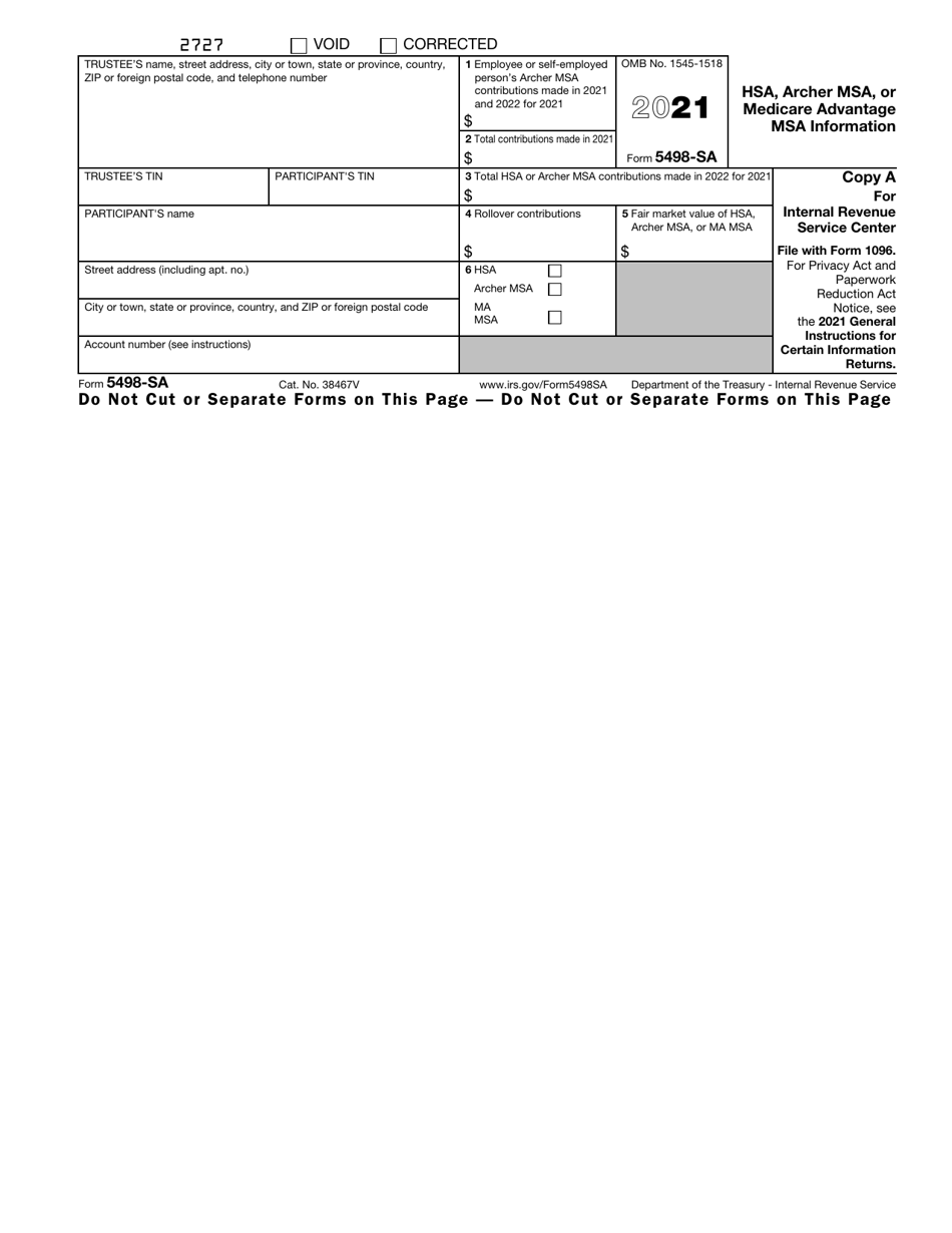 IRS Form 5498 SA Download Fillable PDF Or Fill Online Hsa Archer Msa 