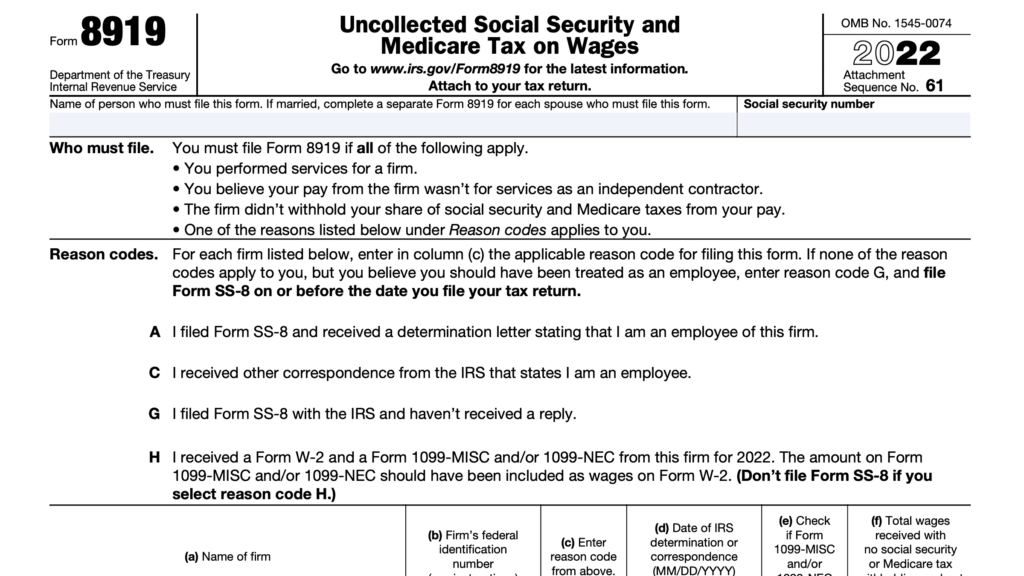 IRS Form 8919 Uncollected Social Security Medicare Taxes