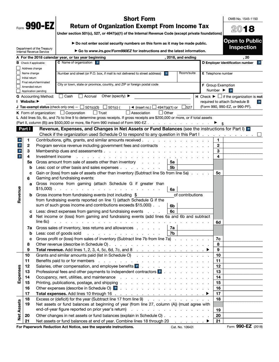 IRS Form 990 EZ 2018 2019 Printable Fillable Sample In PDF