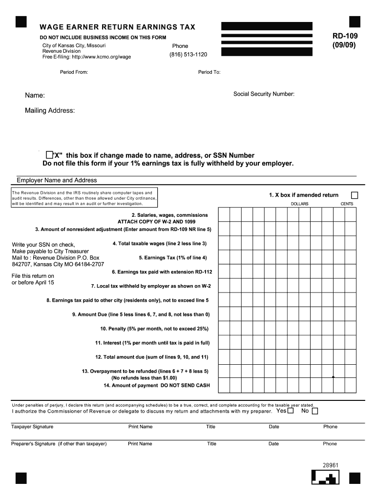 Kansas City Earnings Tax Form Rd 109 Fill Out And Sign Printable PDF 