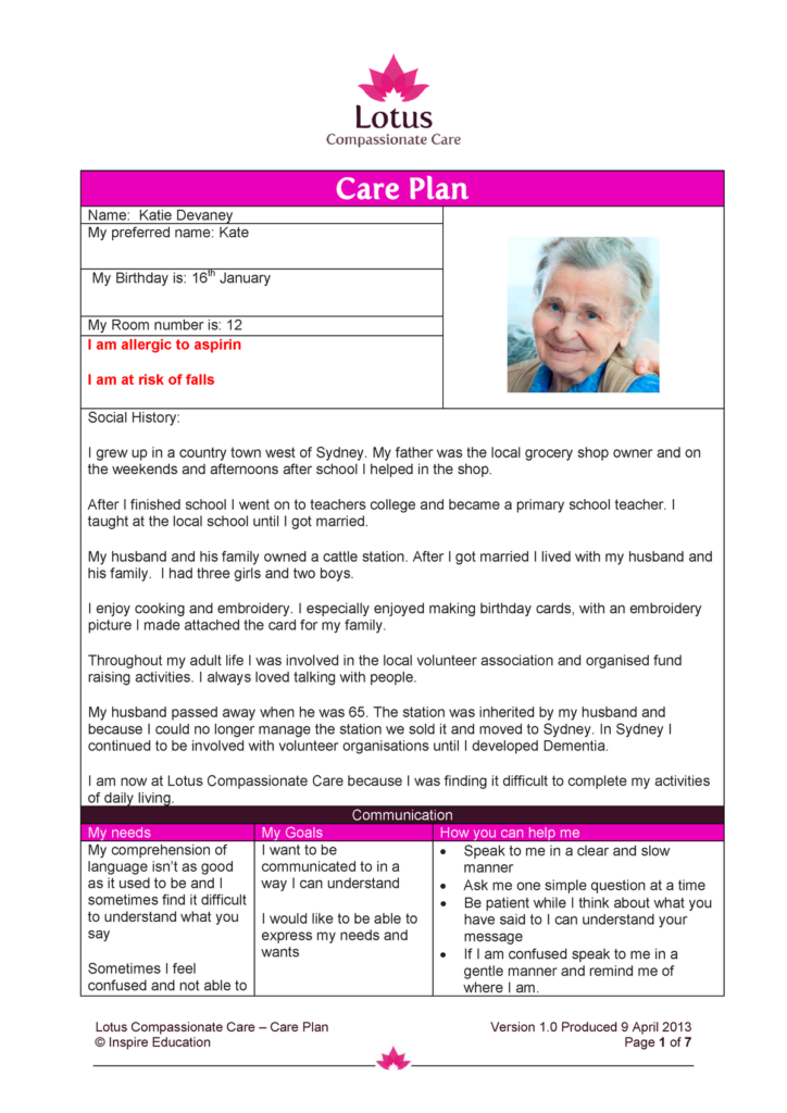 Katie Devaney Care Plan Lotus Compassionate Care Care Plan Version 