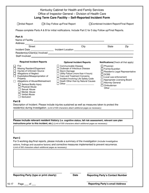 Kentucky Long Term Care Facility Self reported Incident Form Download 