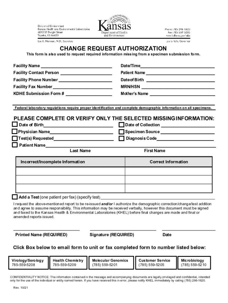 KS KDHE Change Request Authorization Fill And Fill Out And Sign