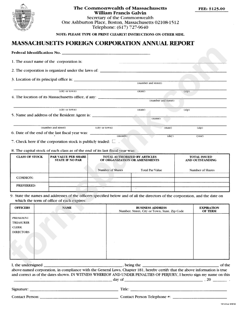 Massachusetts Foreign Corporation Annual Report Form Printable Pdf Download